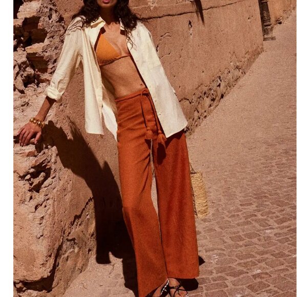 NEW Reformation Avery Linen Pant Sz4 Blood Orange Causal Vacation Straight Leg - Picture 1 of 8